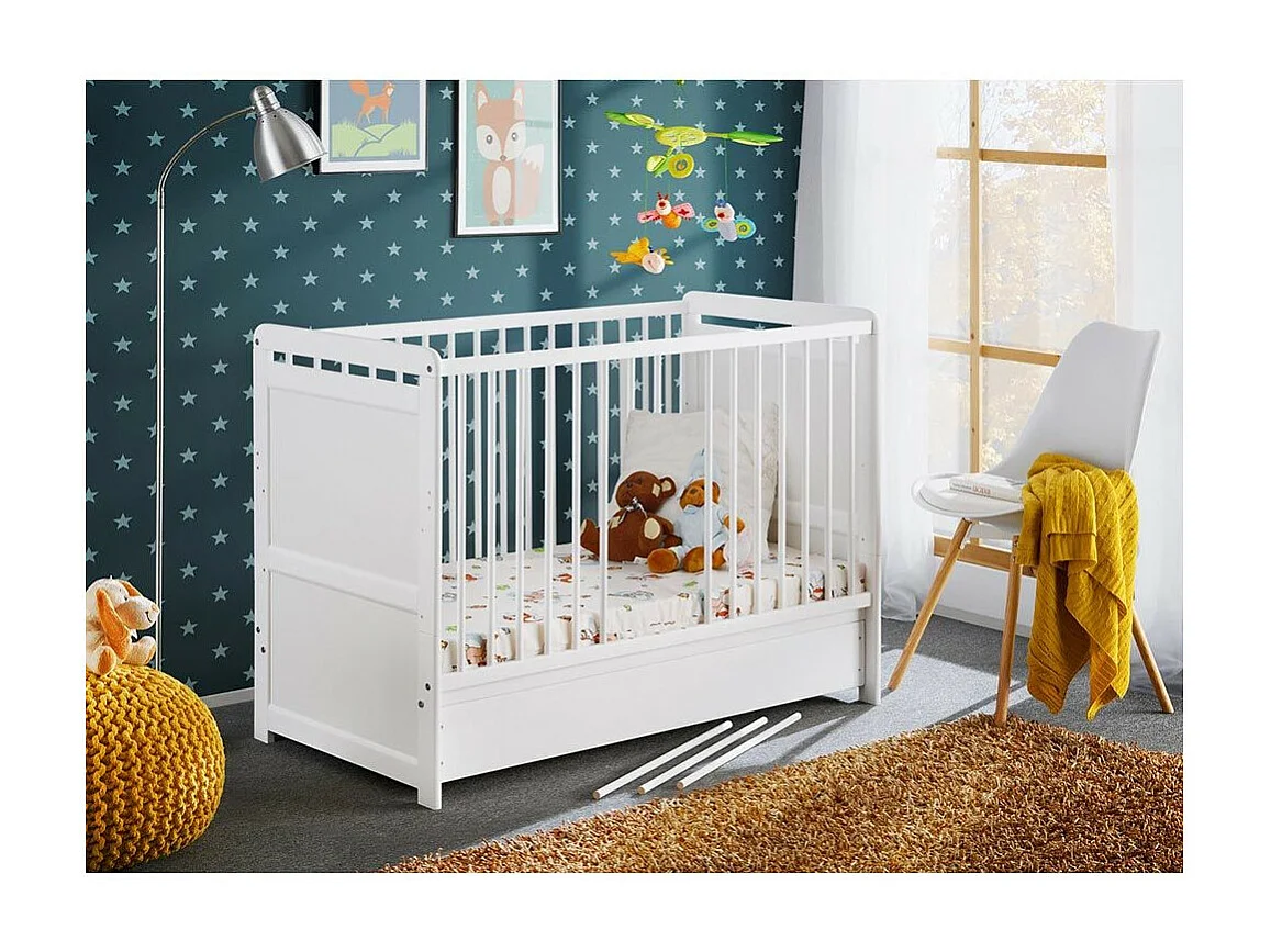 Lit Bébé & Tiroir de Lit "Tymek" 124cm Blanc