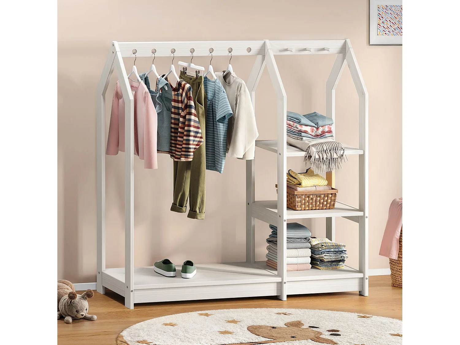 Penderie Enfant SALLY H 120 cm en Bois Massif Blancl avec Étagères, Portant Enfant Montessori Dressing avec Tringle