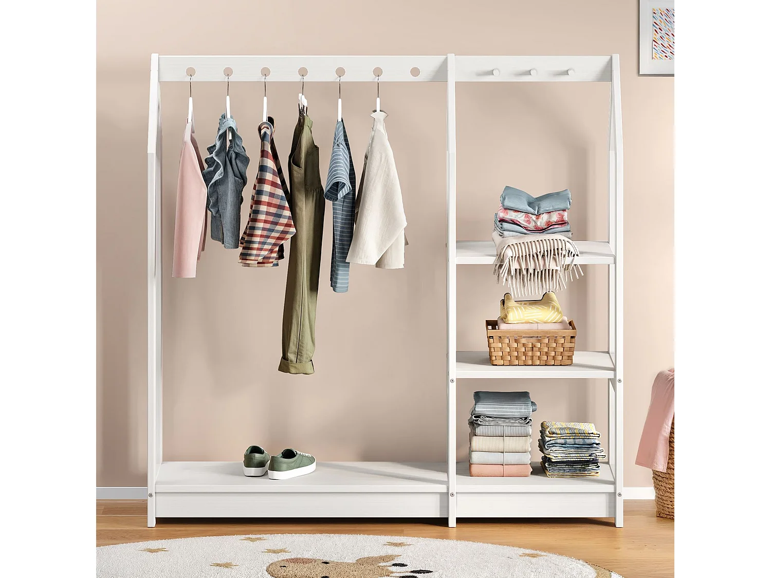 Penderie Enfant SALLY H 120 cm en Bois Massif Blancl avec Étagères, Portant Enfant Montessori Dressing avec Tringle