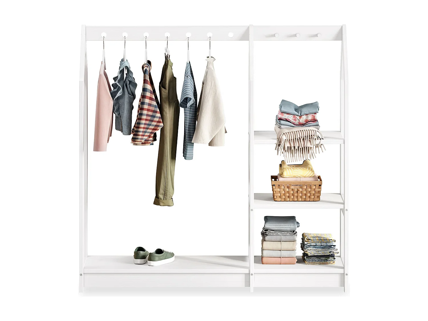 Penderie Enfant SALLY H 120 cm en Bois Massif Blancl avec Étagères, Portant Enfant Montessori Dressing avec Tringle