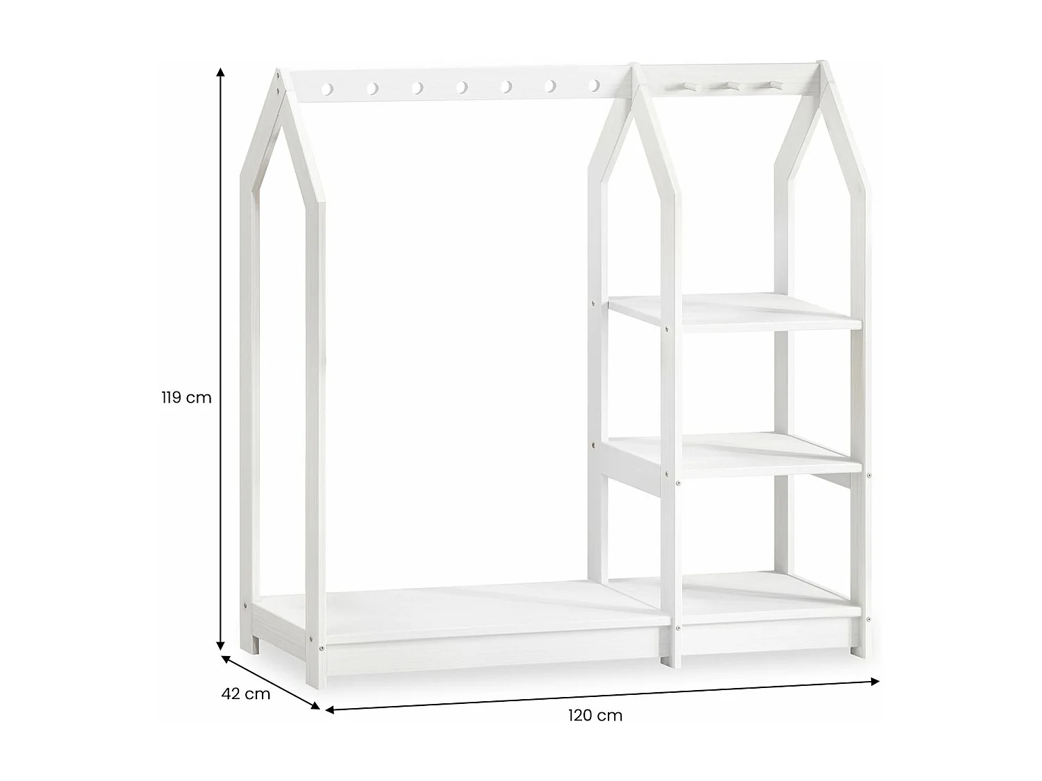 Penderie Enfant SALLY H 120 cm en Bois Massif Blancl avec Étagères, Portant Enfant Montessori Dressing avec Tringle