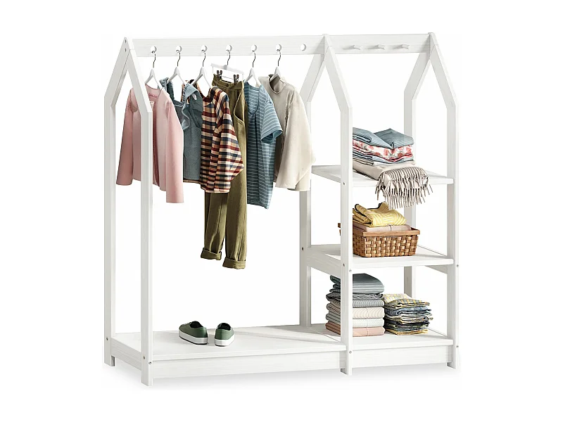 Penderie Enfant SALLY H 120 cm en Bois Massif Blancl avec Étagères, Portant Enfant Montessori Dressing avec Tringle