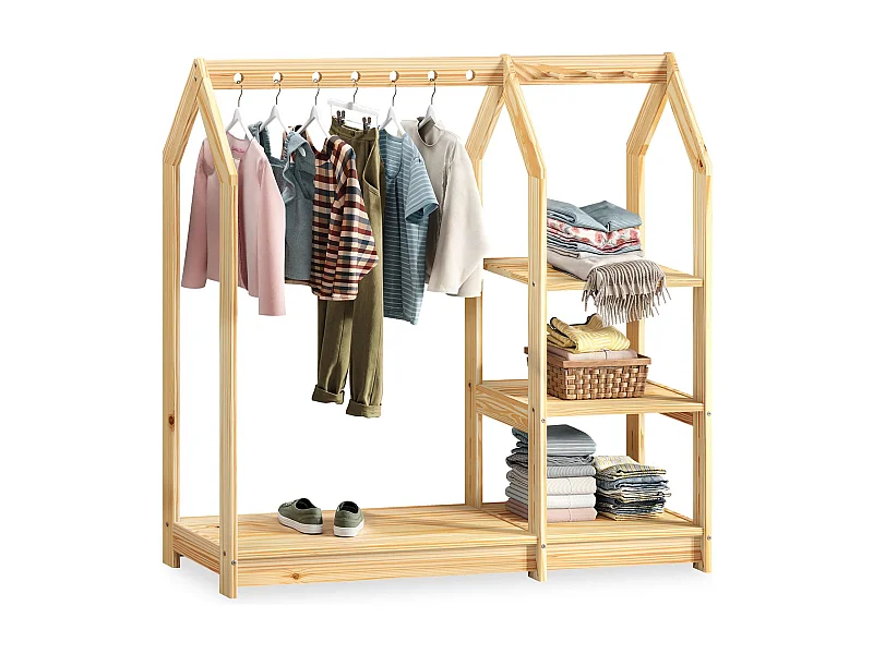 Penderie Enfant SALLY H 120 cm en Bois Massif coloris naturel avec Étagères, Portant Enfant Montessori Dressing