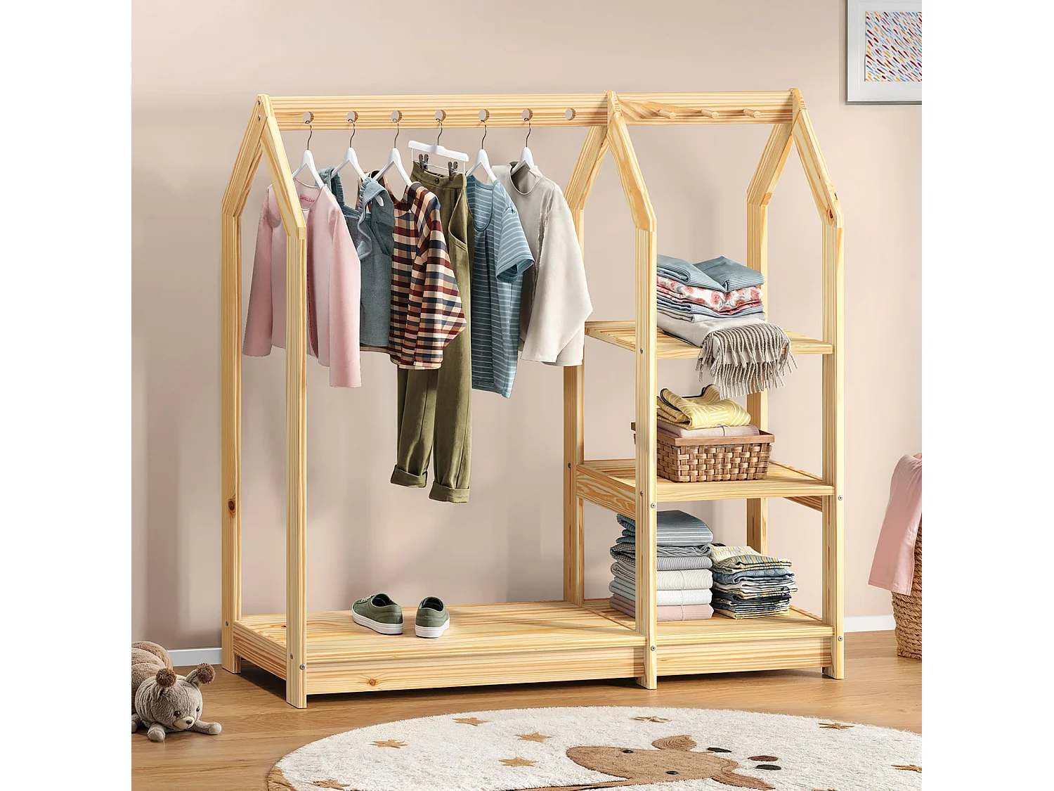 Penderie Enfant SALLY H 120 cm en Bois Massif coloris naturel avec Étagères, Portant Enfant Montessori Dressing