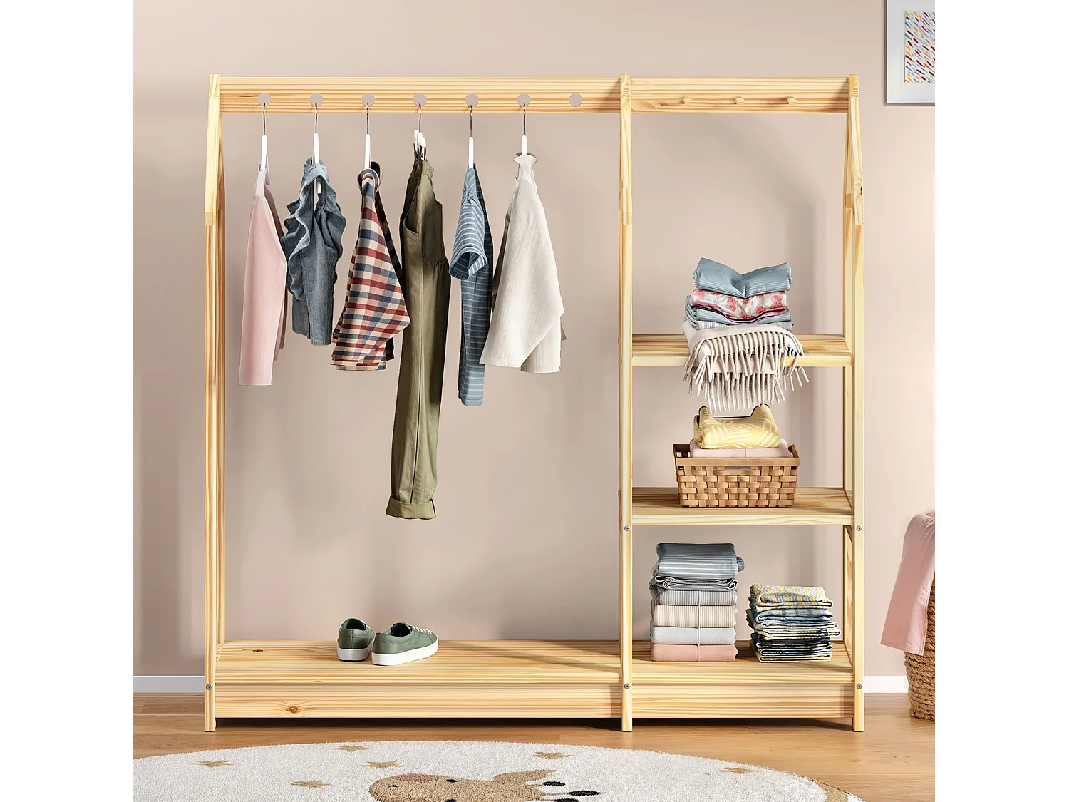 Penderie Enfant SALLY H 120 cm en Bois Massif coloris naturel avec Étagères, Portant Enfant Montessori Dressing