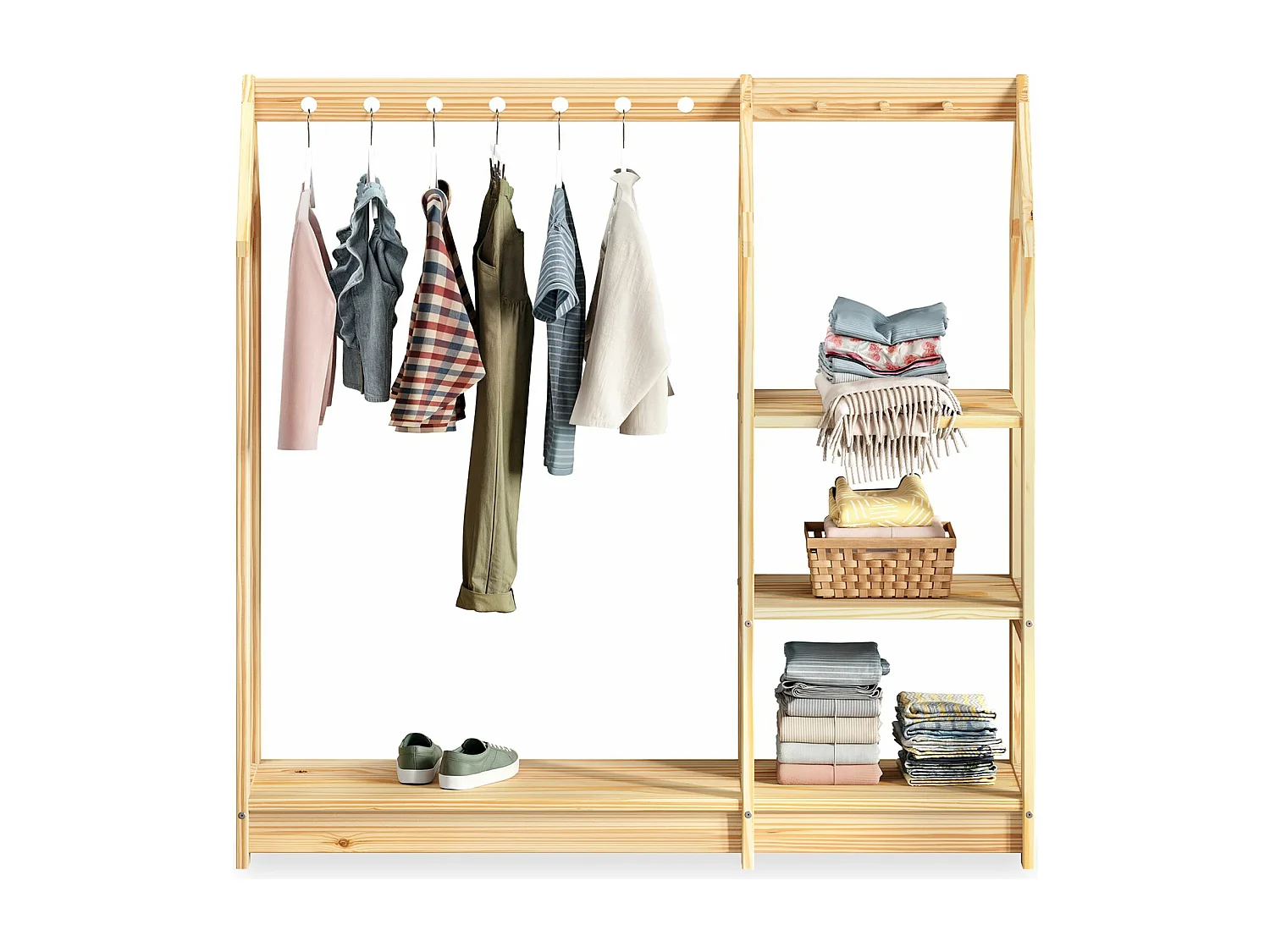 Penderie Enfant SALLY H 120 cm en Bois Massif coloris naturel avec Étagères, Portant Enfant Montessori Dressing