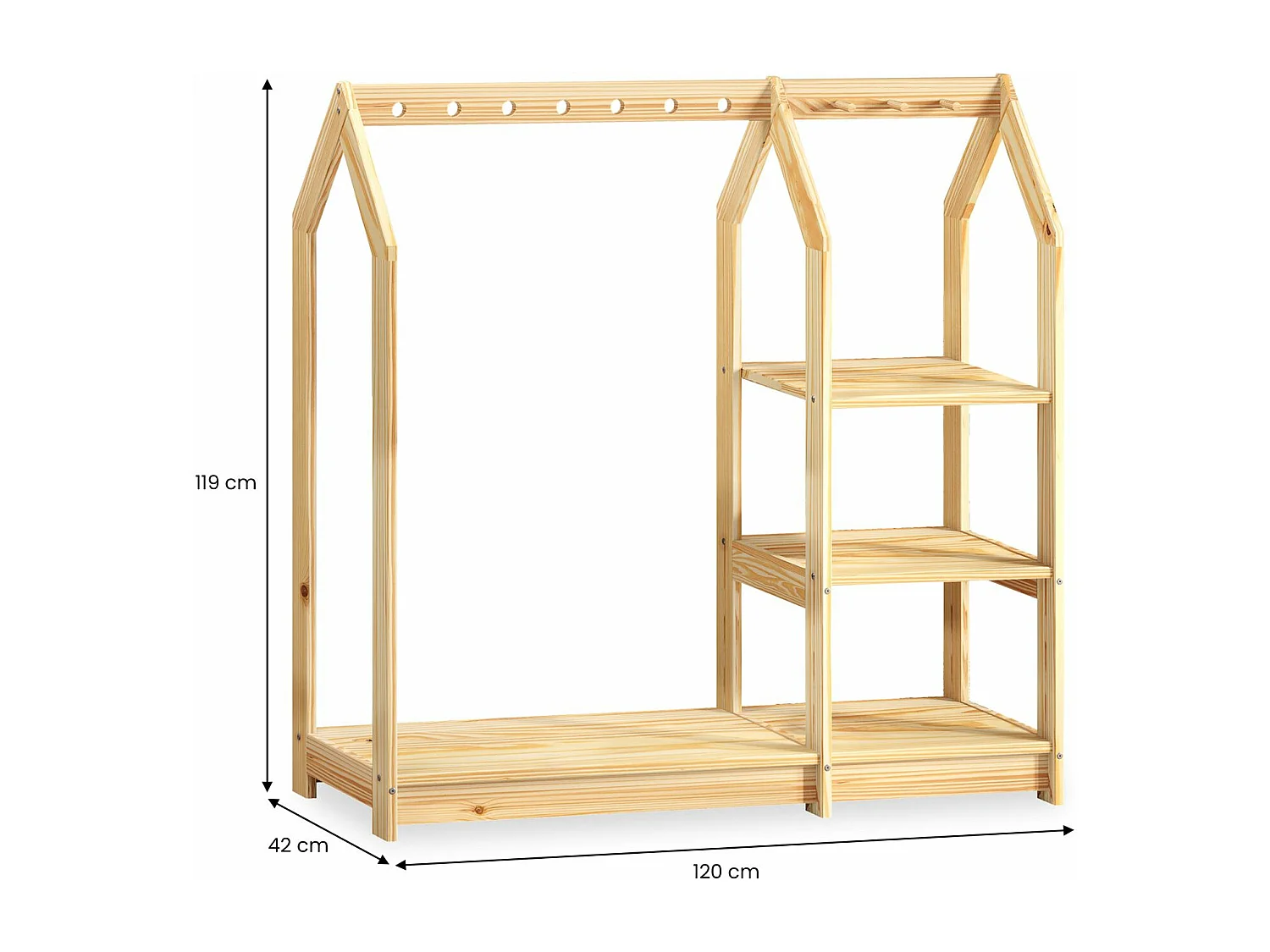 Penderie Enfant SALLY H 120 cm en Bois Massif coloris naturel avec Étagères, Portant Enfant Montessori Dressing