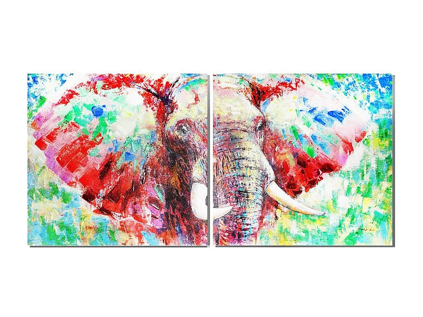Diptyque tableaux peinture éléphant 80 x 80 cm coloré - SAUVAGE