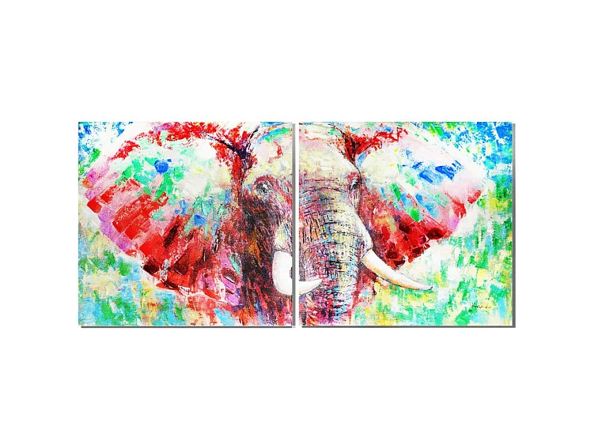 Diptyque tableaux peinture éléphant 80 x 80 cm coloré - SAUVAGE