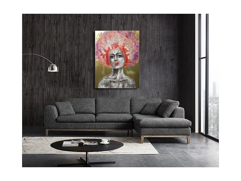 Tableau peinture femme afro 70s rose violet 120x90 cm - PINK AFRO