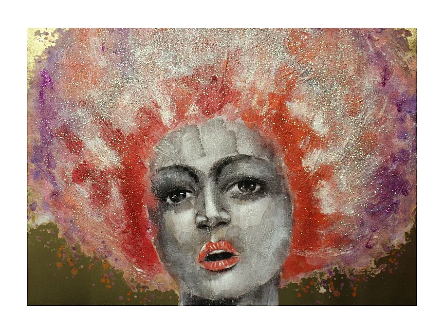 Tableau peinture femme afro 70s rose violet 120x90 cm - PINK AFRO