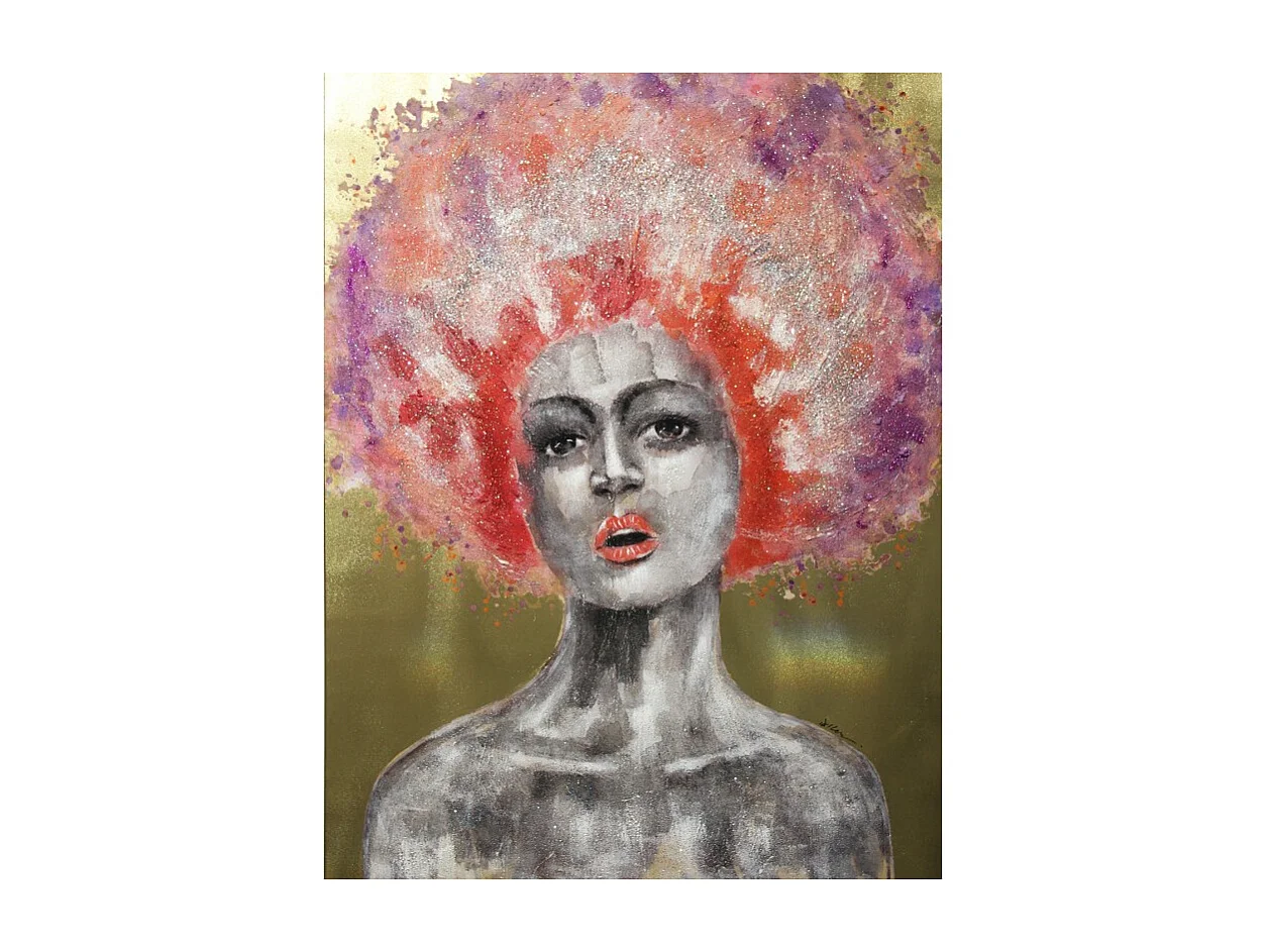Tableau peinture femme afro 70s rose violet 120x90 cm - PINK AFRO