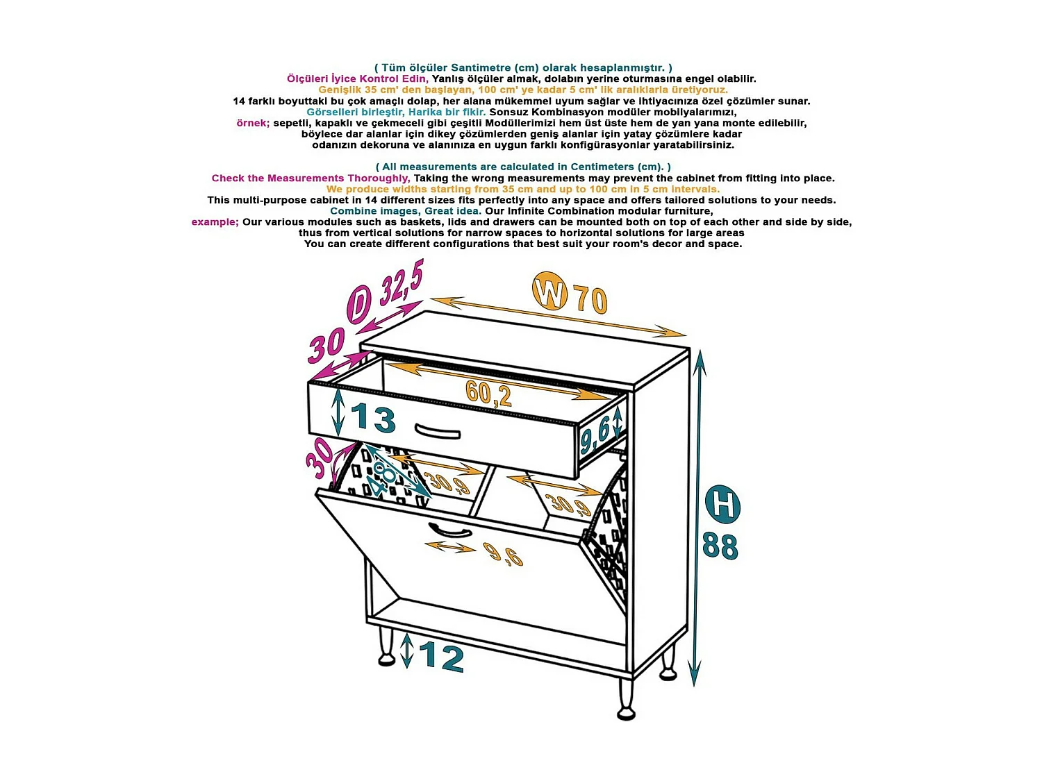 Meuble à Linge Aktif, Blanc, 70x32,5x88 cm, EPIKASA