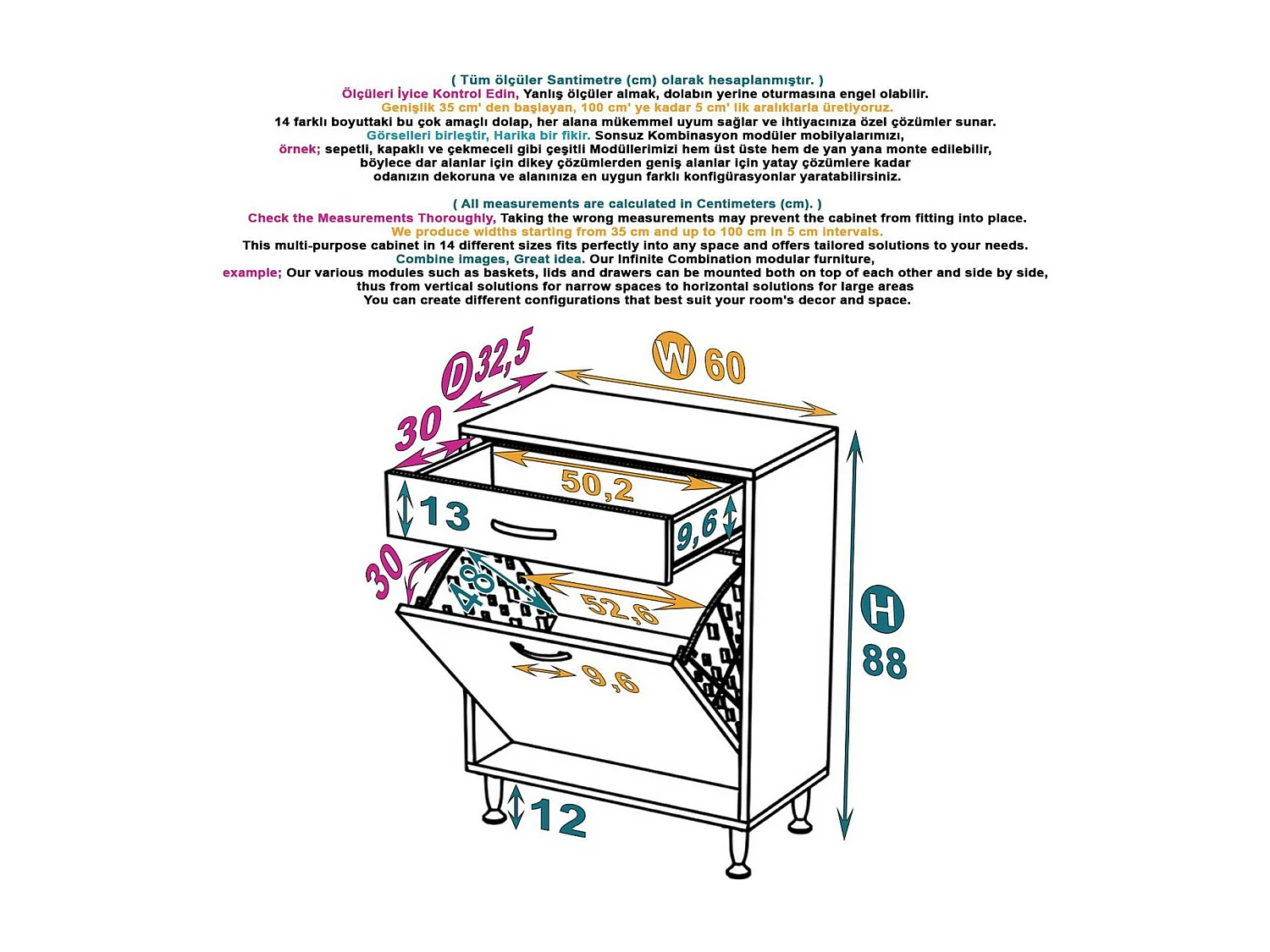 Meuble à Linge Aktif, Blanc, 60x32,5x88 cm, EPIKASA