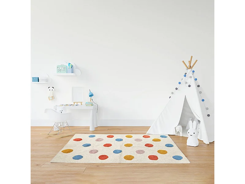 Tapis enfant 90 x 150 cm en coton shaggy avec pois multicolore - BABE