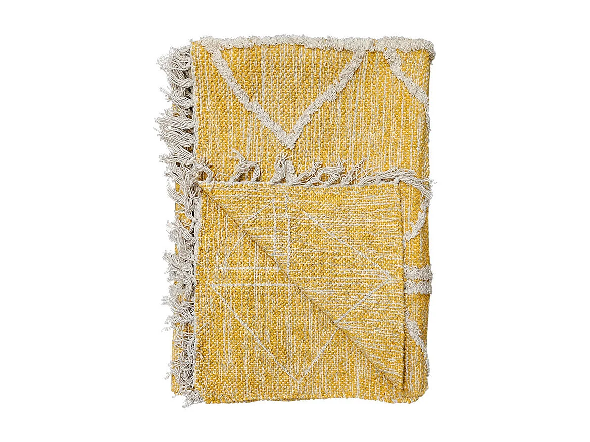 Tapis 120 x 180 cm en coton jaune avec motifs et franges écru - ALIBA