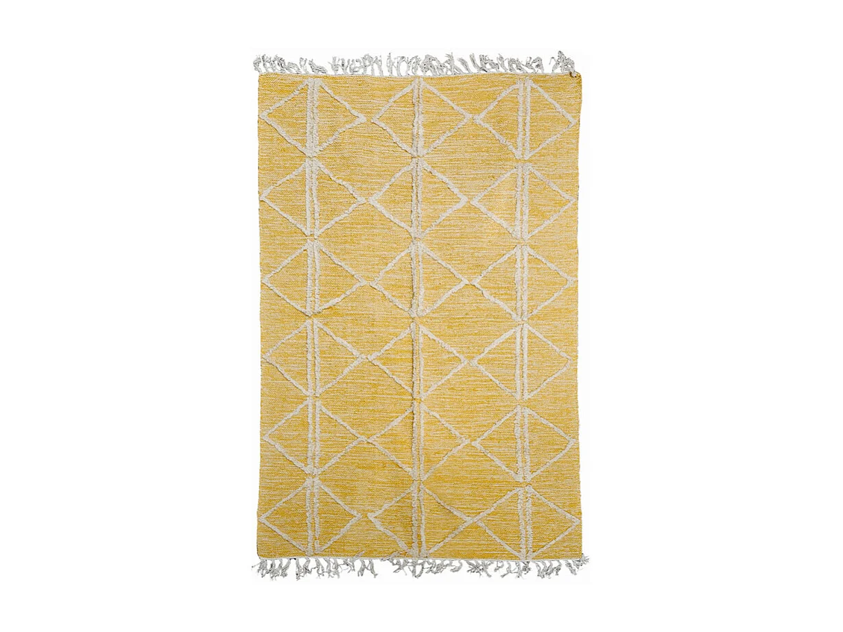 Tapis 120 x 180 cm en coton jaune avec motifs et franges écru - ALIBA