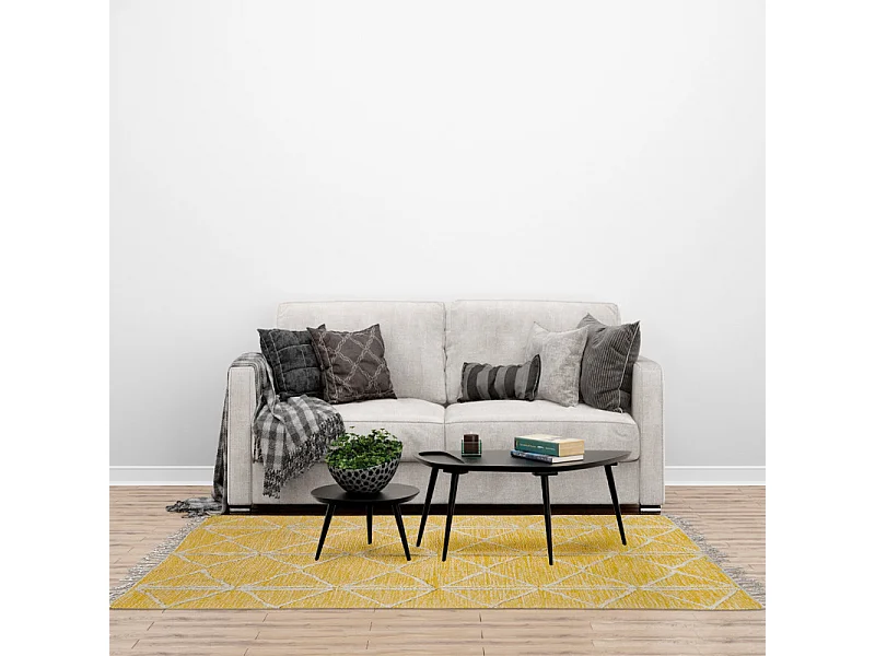 Tapis 120 x 180 cm en coton jaune avec motifs et franges écru - ALIBA