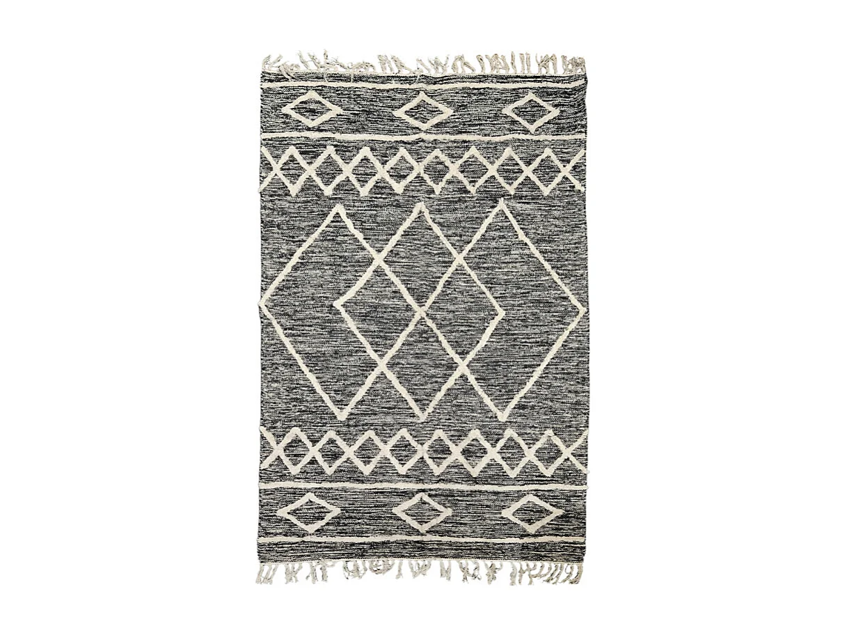 Tapis 120 x 180 cm en coton noir avec motifs et franges écru - ALIBA