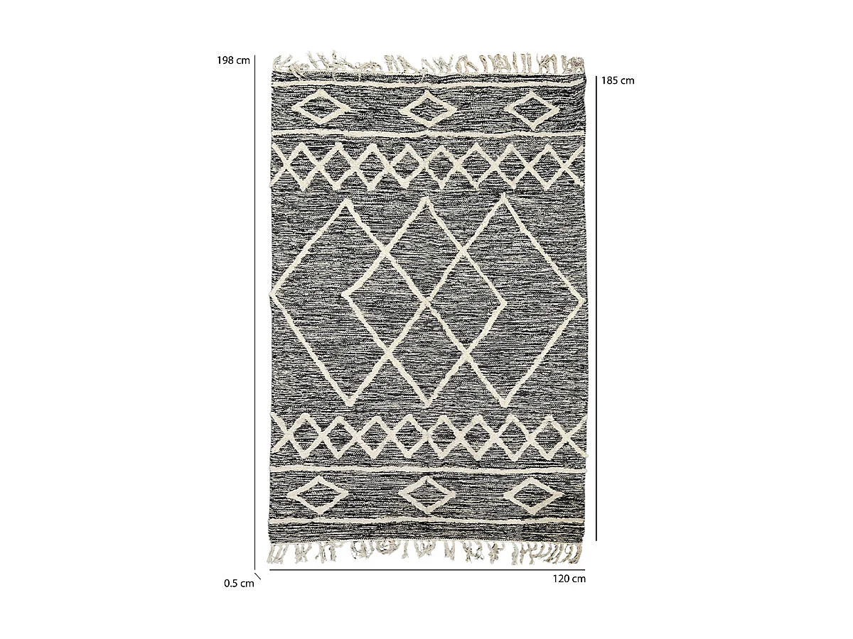 Tapis 120 x 180 cm en coton noir avec motifs et franges écru - ALIBA