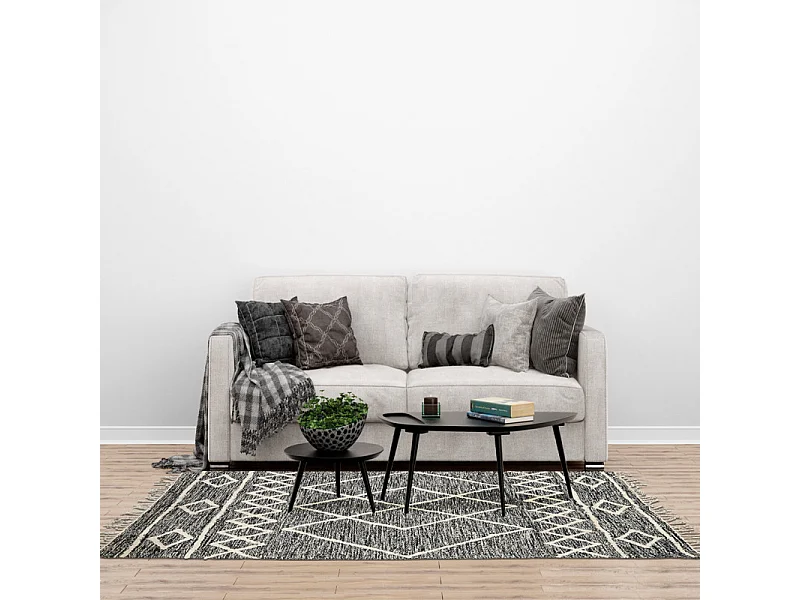 Tapis 120 x 180 cm en coton noir avec motifs et franges écru - ALIBA