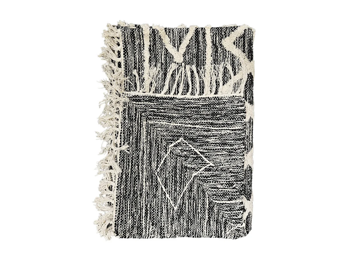 Tapis 120 x 180 cm en coton noir avec motifs et franges écru - ALIBA