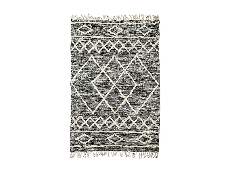 Tapis 120 x 180 cm en coton noir avec motifs et franges écru - ALIBA