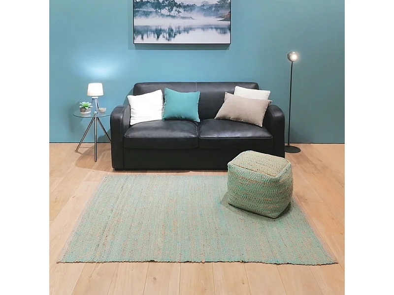 Tapis 120 x 180 cm bleu en coton et chanvre naturel tressé - DEVI