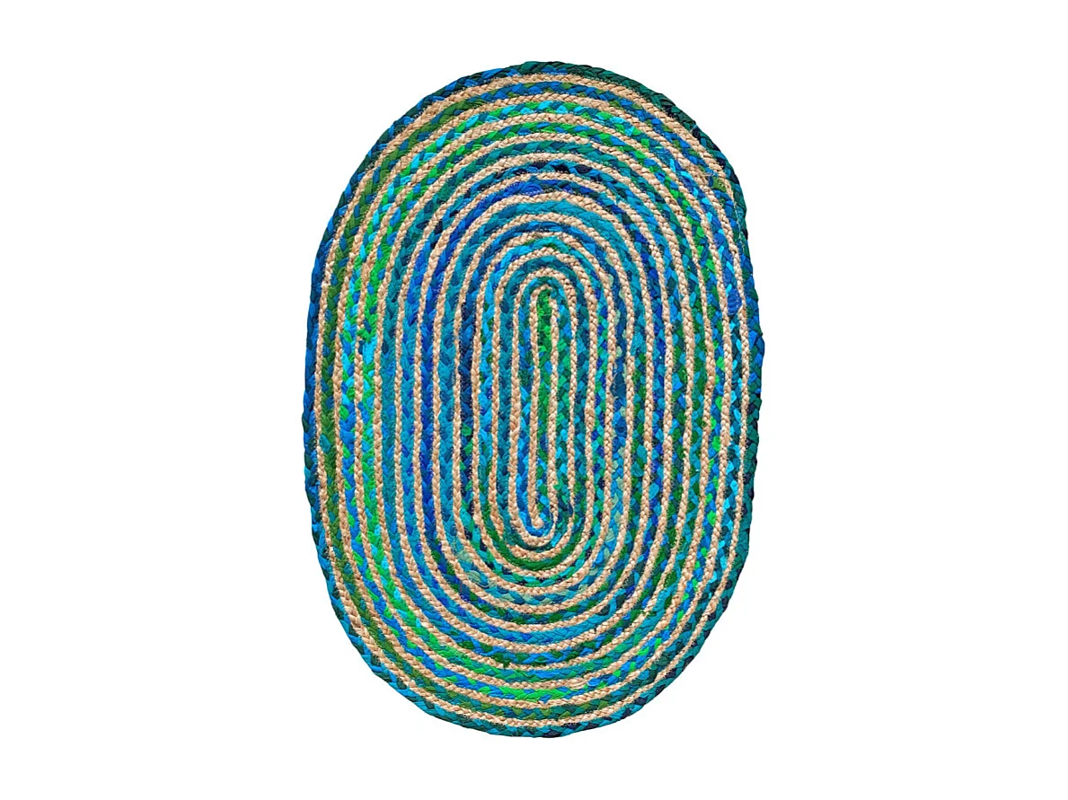 Tapis ovale 60 x 90 cm tressage en jute et tissu bleu / vert - CLOPIN