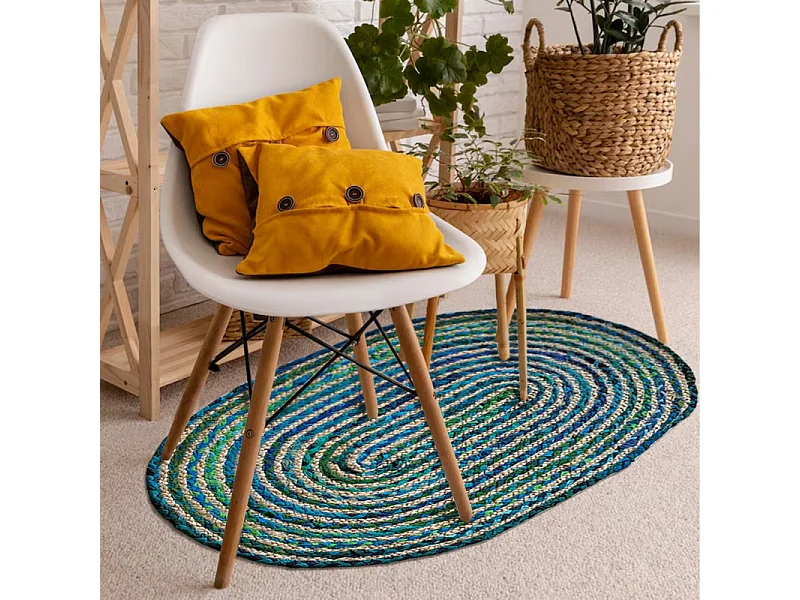 Tapis ovale 60 x 90 cm tressage en jute et tissu bleu / vert - CLOPIN