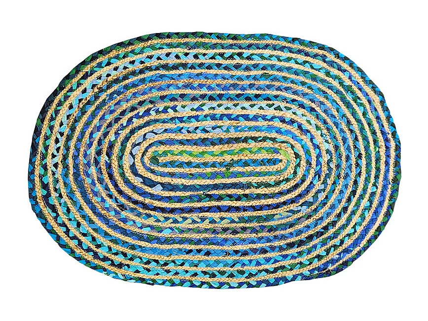 Tapis ovale 60 x 90 cm tressage en jute et tissu bleu / vert - CLOPIN