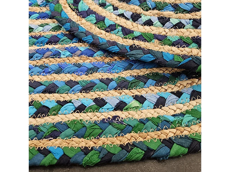 Tapis ovale 60 x 90 cm tressage en jute et tissu bleu / vert - CLOPIN