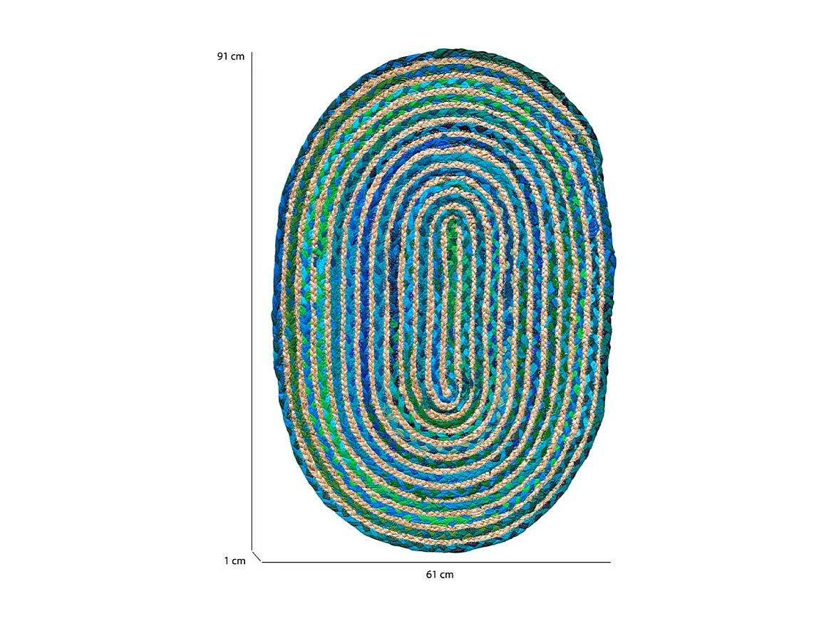 Tapis ovale 60 x 90 cm tressage en jute et tissu bleu / vert - CLOPIN