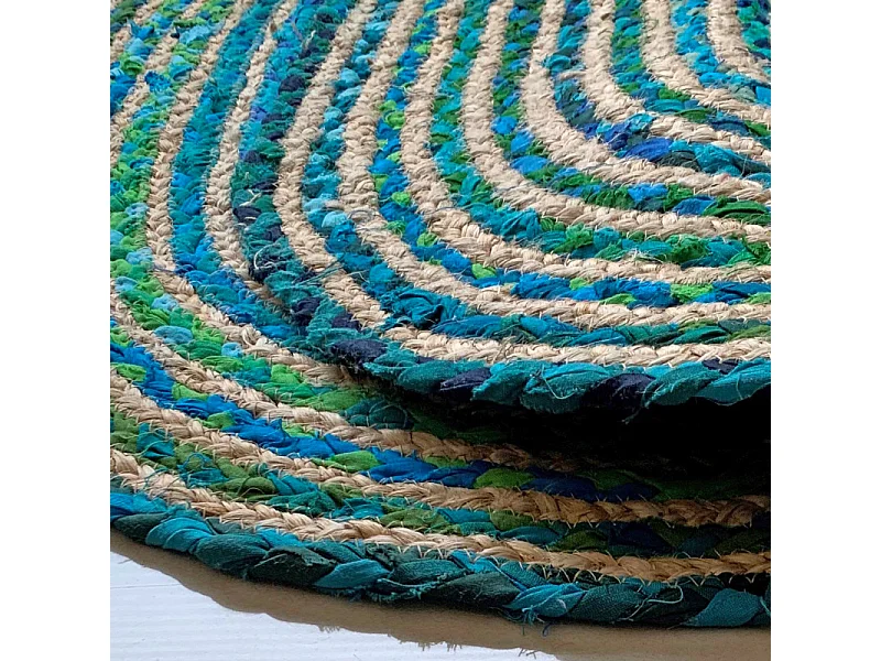 Tapis ovale 60 x 90 cm tressage en jute et tissu bleu / vert - CLOPIN