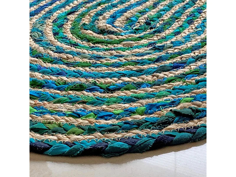 Tapis ovale 60 x 90 cm tressage en jute et tissu bleu / vert - CLOPIN