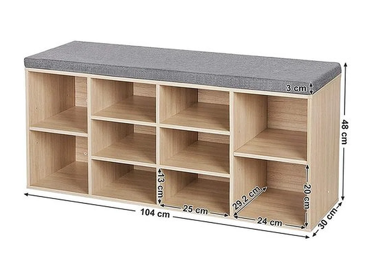 Schoenenbank, schoenenrek, opbergkast, 10 vakken, met kussen, voor entree, 104 x 30 x 48 cm