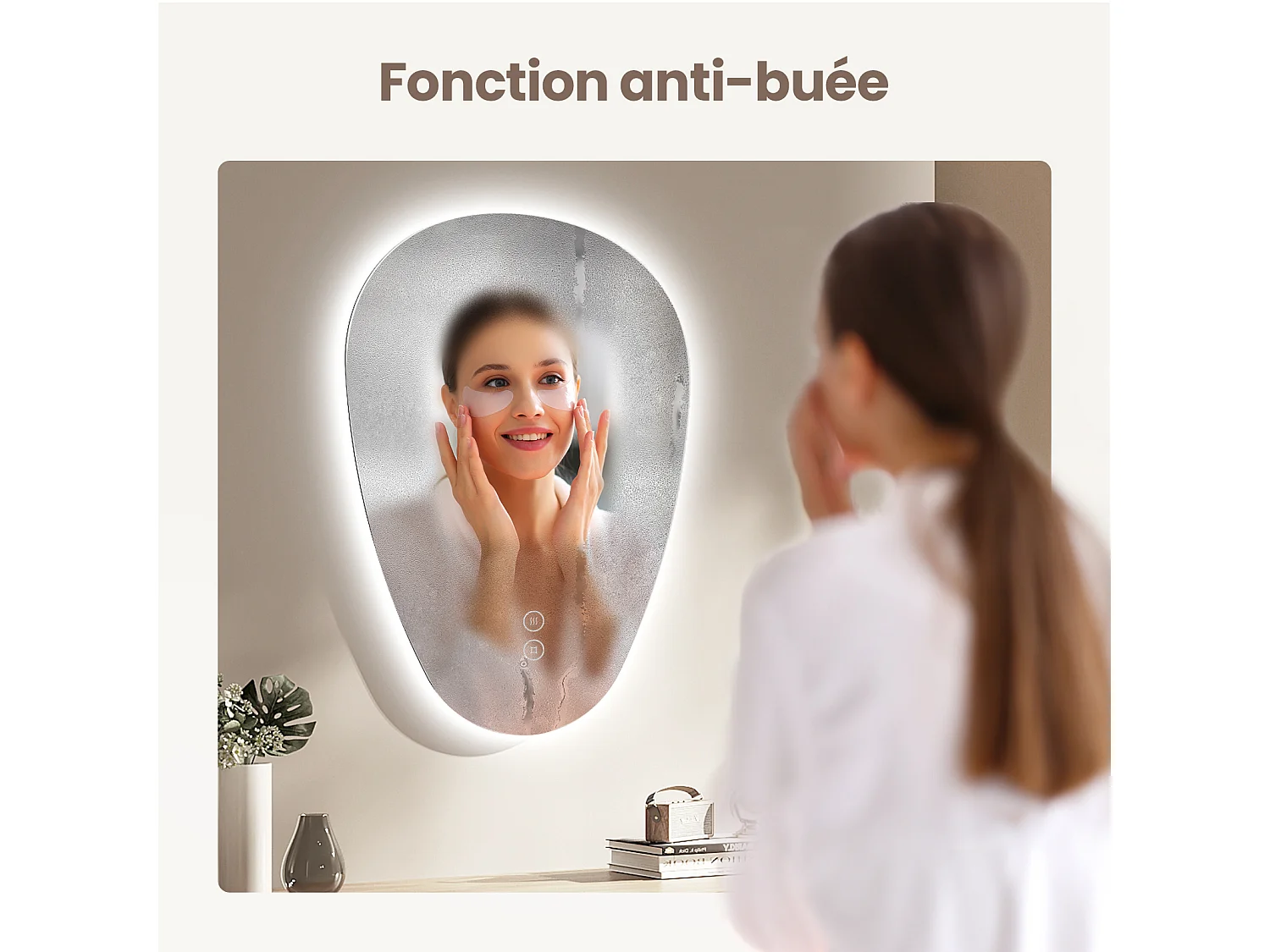 EMKE Miroir Salle de Bain avec Éclairage, 60 x 45 cm, Miroir LED Asymétrique, Interrupteur Tactile, 3 Couleurs de Lumière Réglables, Miroir Anti-Buée