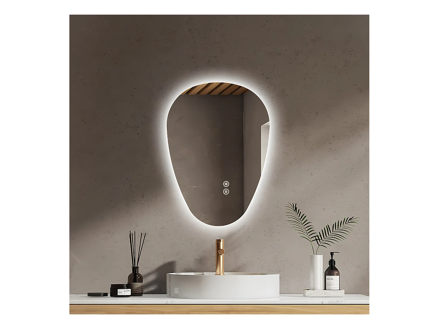 EMKE Miroir Salle de Bain avec Éclairage, 60 x 45 cm, Miroir LED Asymétrique, Interrupteur Tactile, 3 Couleurs de Lumière Réglables, Miroir Anti-Buée