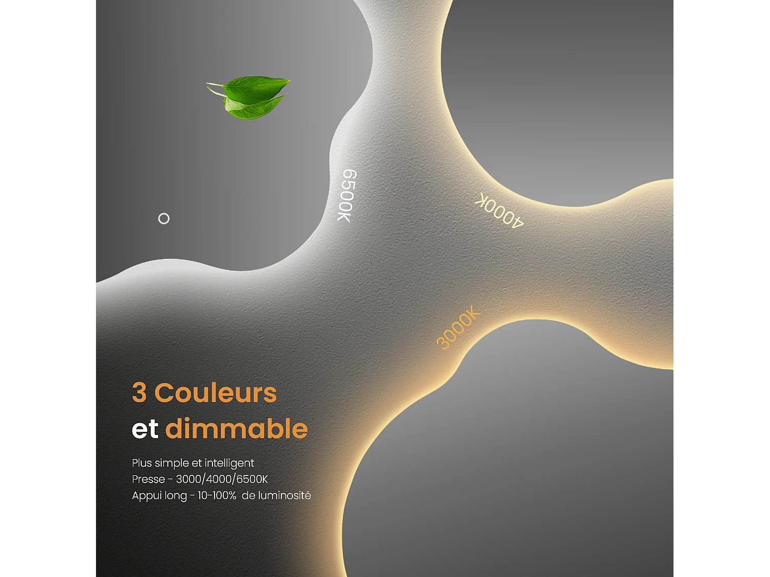 EMKE Miroir lumineux salle de bain sans cadre 60x50cm , Miroir LED avec Interrupteur Tactile, Anti-buée, Miroir avec 3 couleurs de Lumières