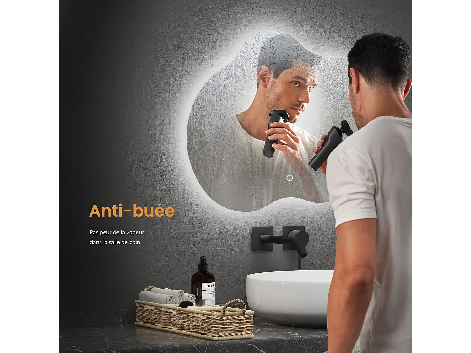 EMKE Miroir lumineux salle de bain sans cadre 60x50cm , Miroir LED avec Interrupteur Tactile, Anti-buée, Miroir avec 3 couleurs de Lumières