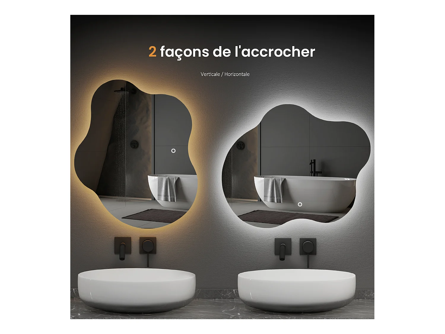 EMKE Miroir lumineux salle de bain sans cadre 60x50cm , Miroir LED avec Interrupteur Tactile, Anti-buée, Miroir avec 3 couleurs de Lumières