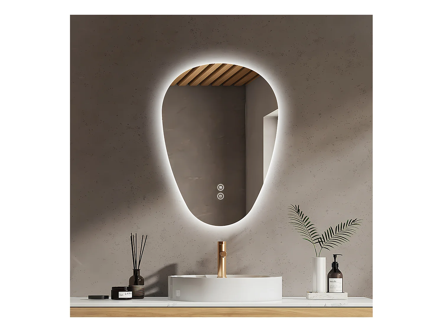 EMKE Miroir Salle de Bain avec Éclairage, 70 x 50 cm, Miroir LED Asymétrique, Interrupteur Tactile, 3 Couleurs de Lumière Réglables, Miroir Anti-Buée