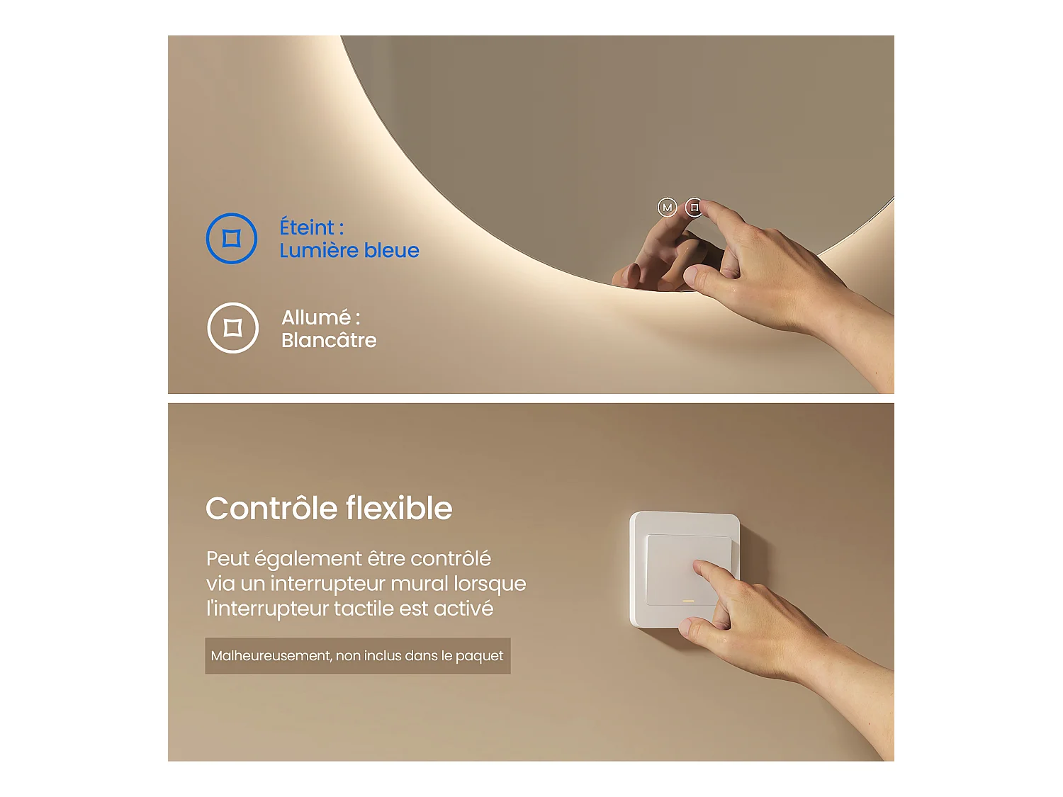 EMKE Ronde LED Badkamerspiegel 70 cm – Frameloos, Achtergrondverlichting, Touch Schakelaar, Dimbaar Licht (Koud/Warm/Neutraal Wit)