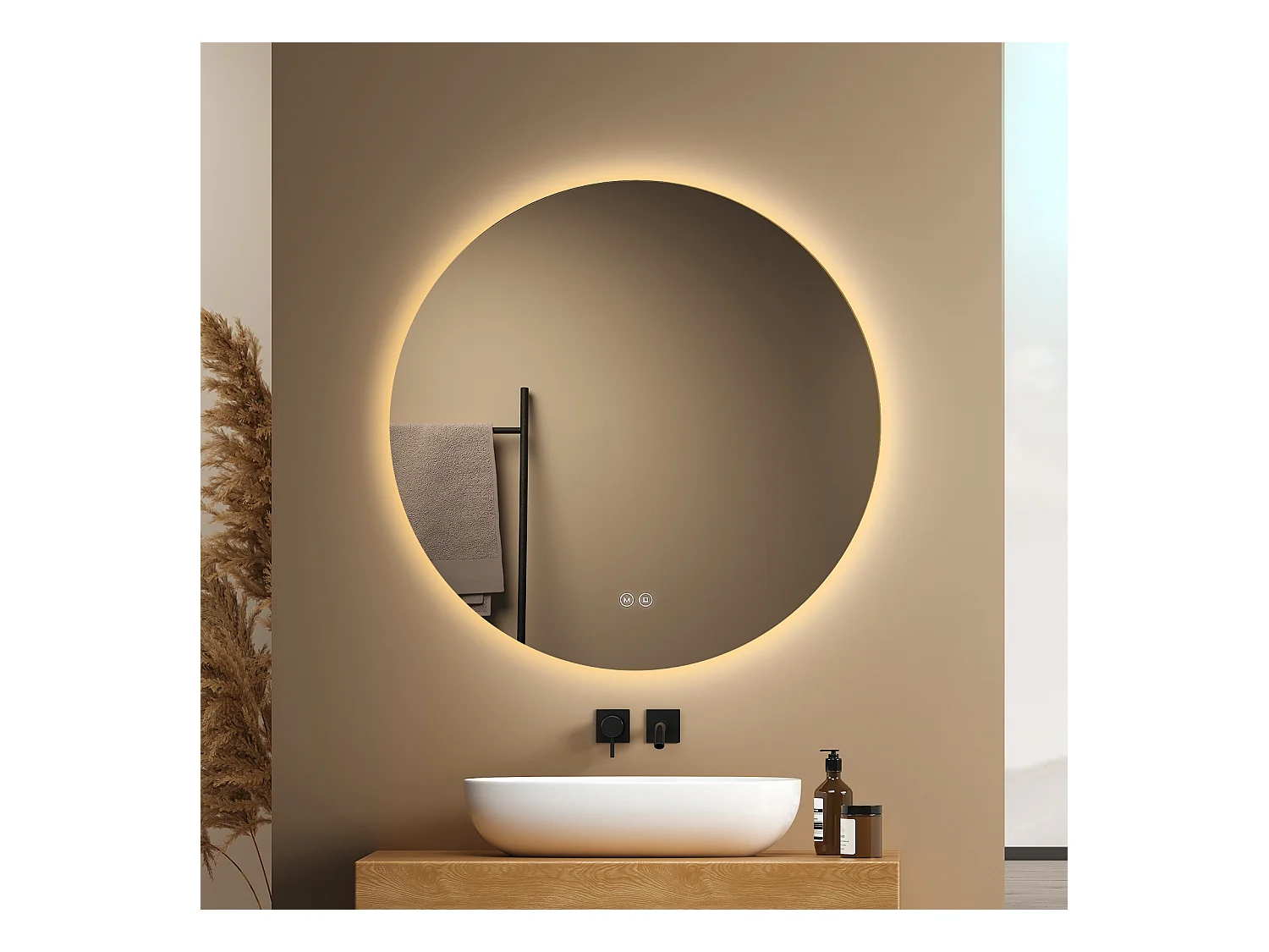 EMKE Miroir lumineux salle de bain rond diamètre 70cm, rétro-éclairage sans cadre, Interrupteur Tactile, Miroir avec éclairage Froide/Neutre/Chaude