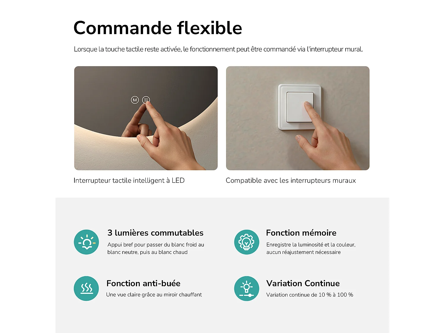EMKE Ronde LED-badkamerspiegel Ø 70 cm, randloos met achtergrondverlichting, touchschakelaar, koelwit/neutraal/warmwit