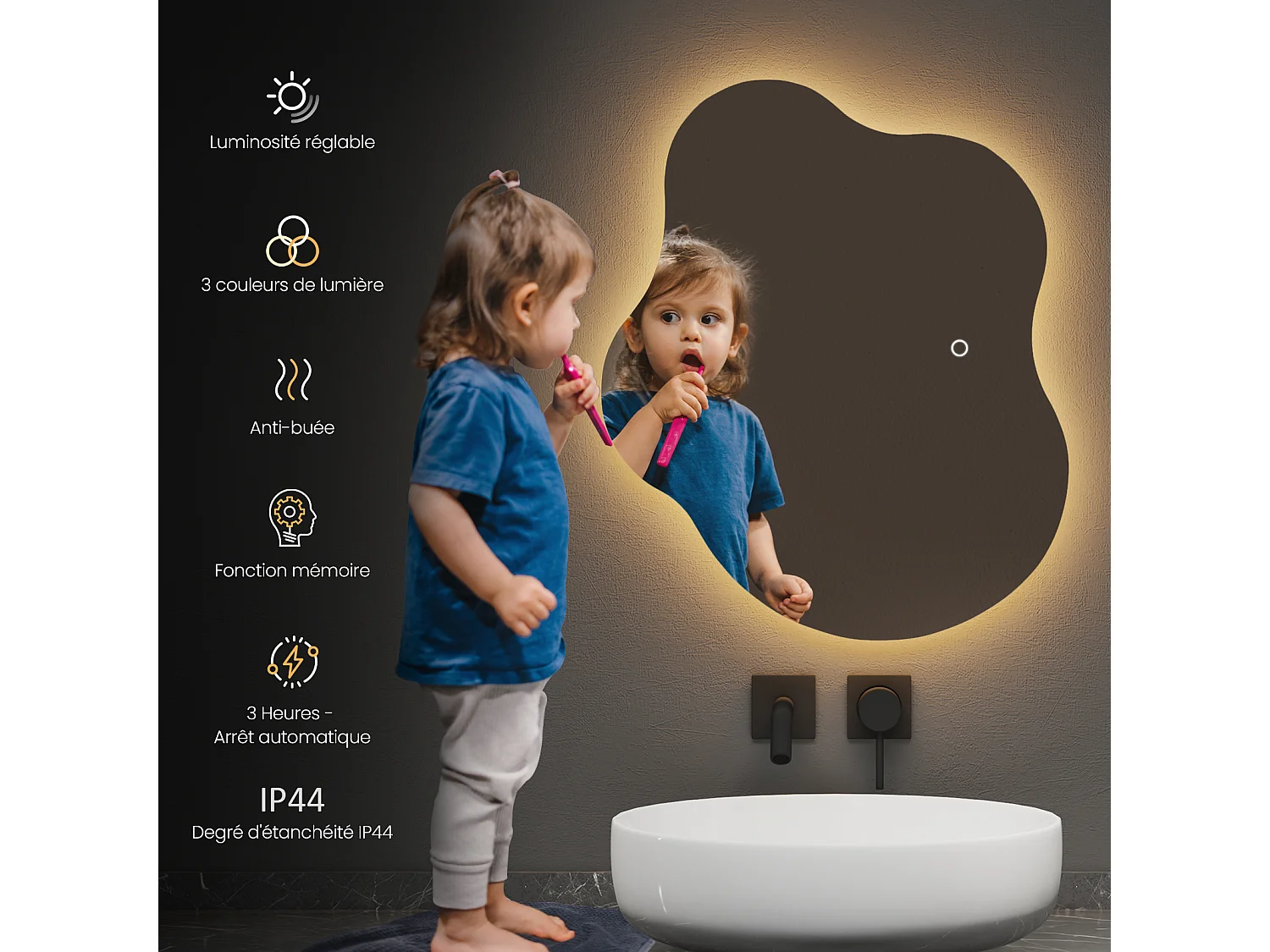 EMKE Miroir lumineux salle de bain sans cadre 50x45cm , Miroir LED avec Interrupteur Tactile, Anti-buée, Miroir avec 3 couleurs Lumières