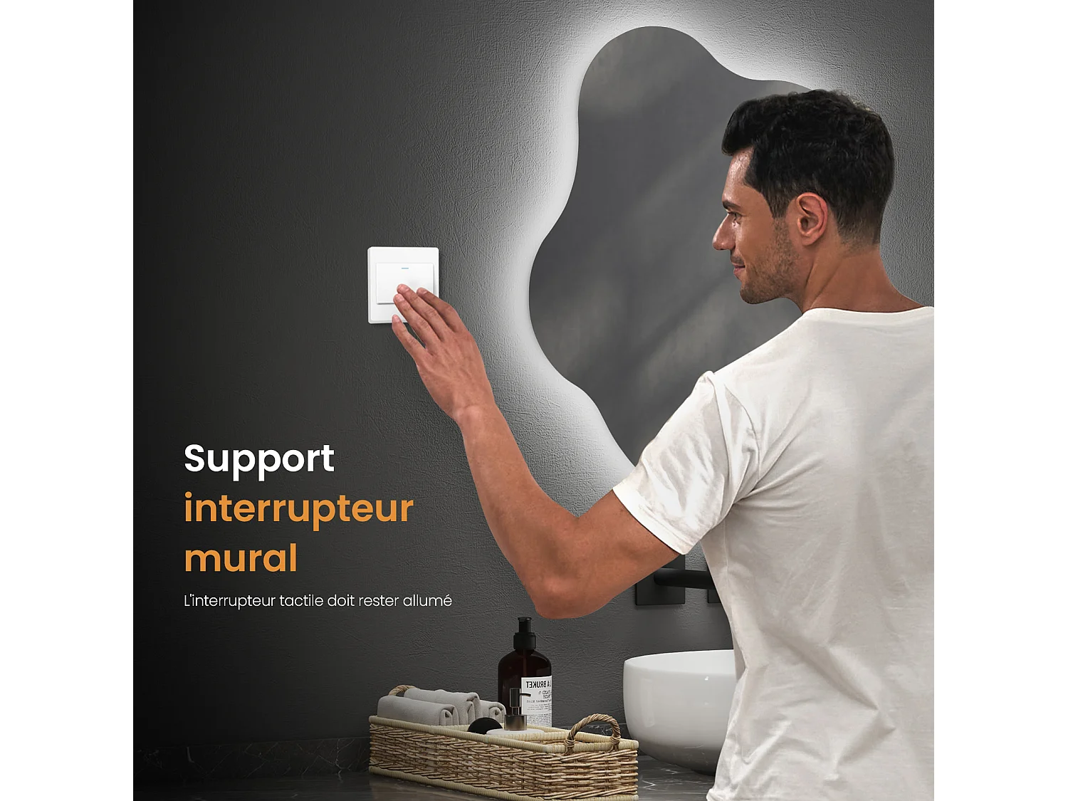 EMKE Miroir lumineux salle de bain sans cadre 50x45cm , Miroir LED avec Interrupteur Tactile, Anti-buée, Miroir avec 3 couleurs Lumières