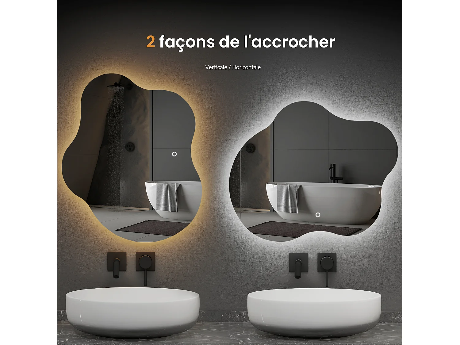 EMKE Miroir lumineux salle de bain sans cadre 50x45cm , Miroir LED avec Interrupteur Tactile, Anti-buée, Miroir avec 3 couleurs Lumières