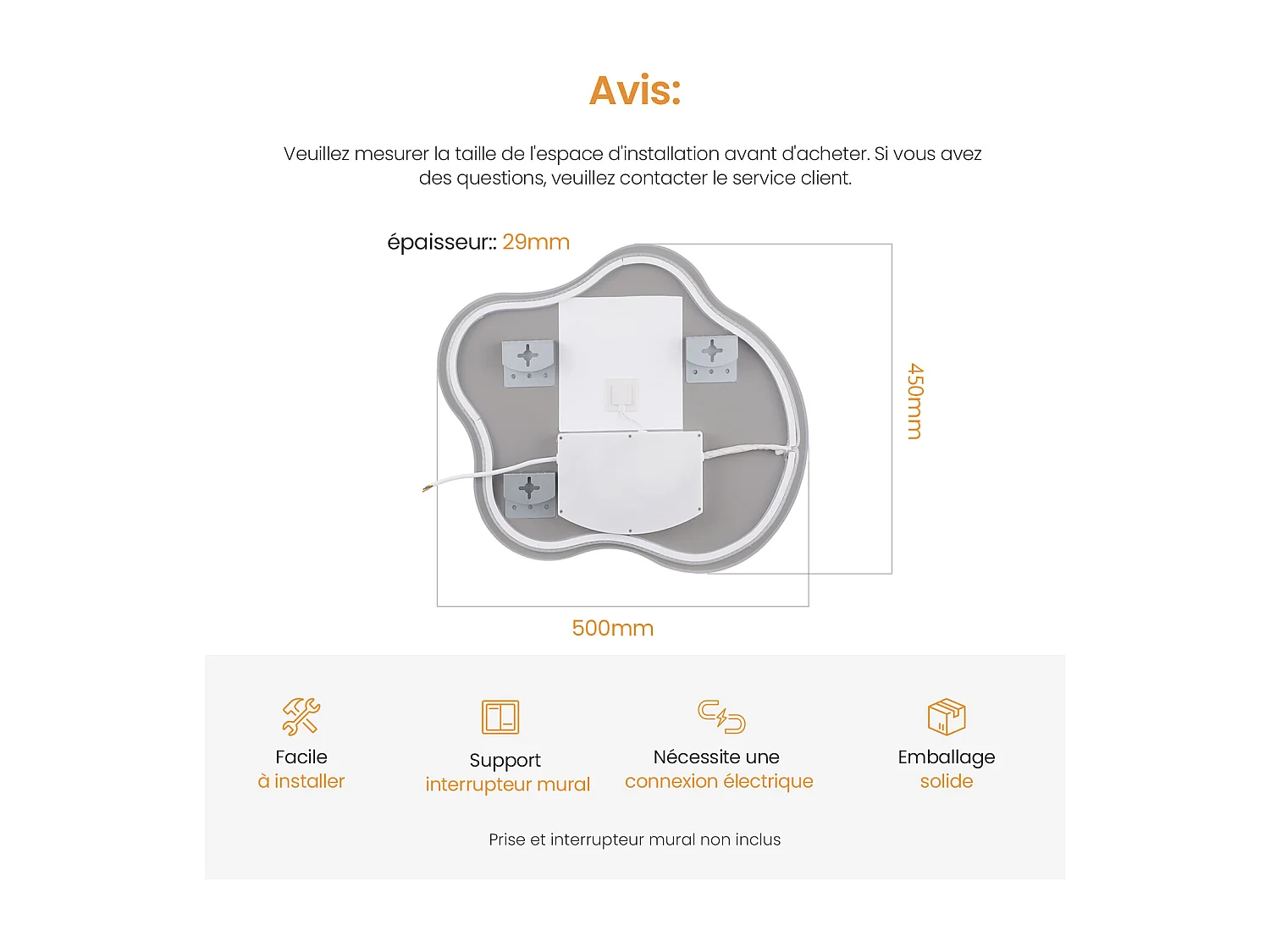 EMKE Miroir lumineux salle de bain sans cadre 50x45cm , Miroir LED avec Interrupteur Tactile, Anti-buée, Miroir avec 3 couleurs Lumières