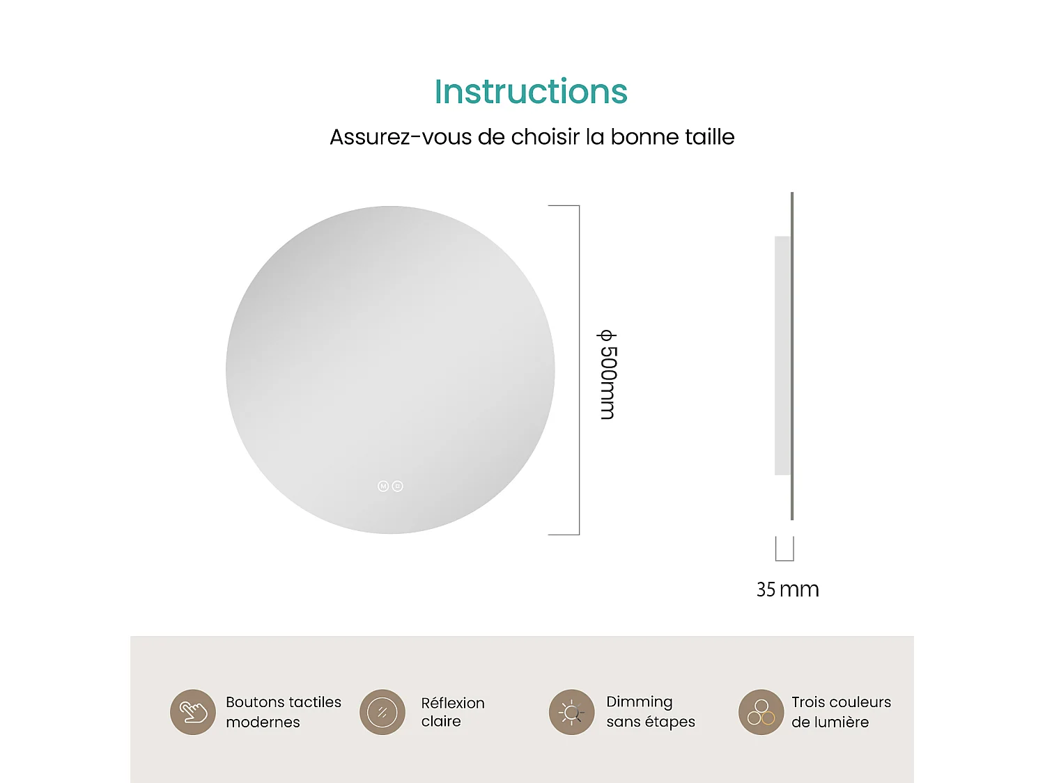 EMKE Ronde LED Badkamerspiegel 50 cm – Frameloos, Achtergrondverlichting, Touch Schakelaar, Dimbaar Licht (Koud/Warm/Neutraal Wit)